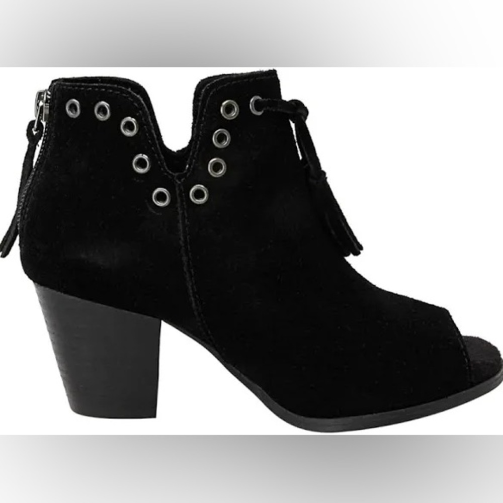 Minnetonka black suede open-toed Margot bootie